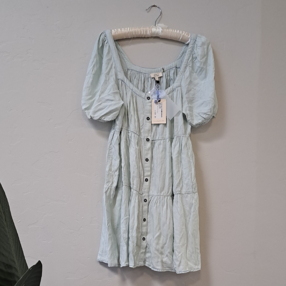 Mint Blue Button-Front Puff Sleeve Babydoll Mini Dress